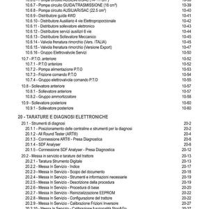 Pu&ograve; includere: Una pagina di manuale con un indice e un elenco di termini tecnici. L'indice include termini come "circuito idraulico", "diagnostica elettronica" e "calibrazione".