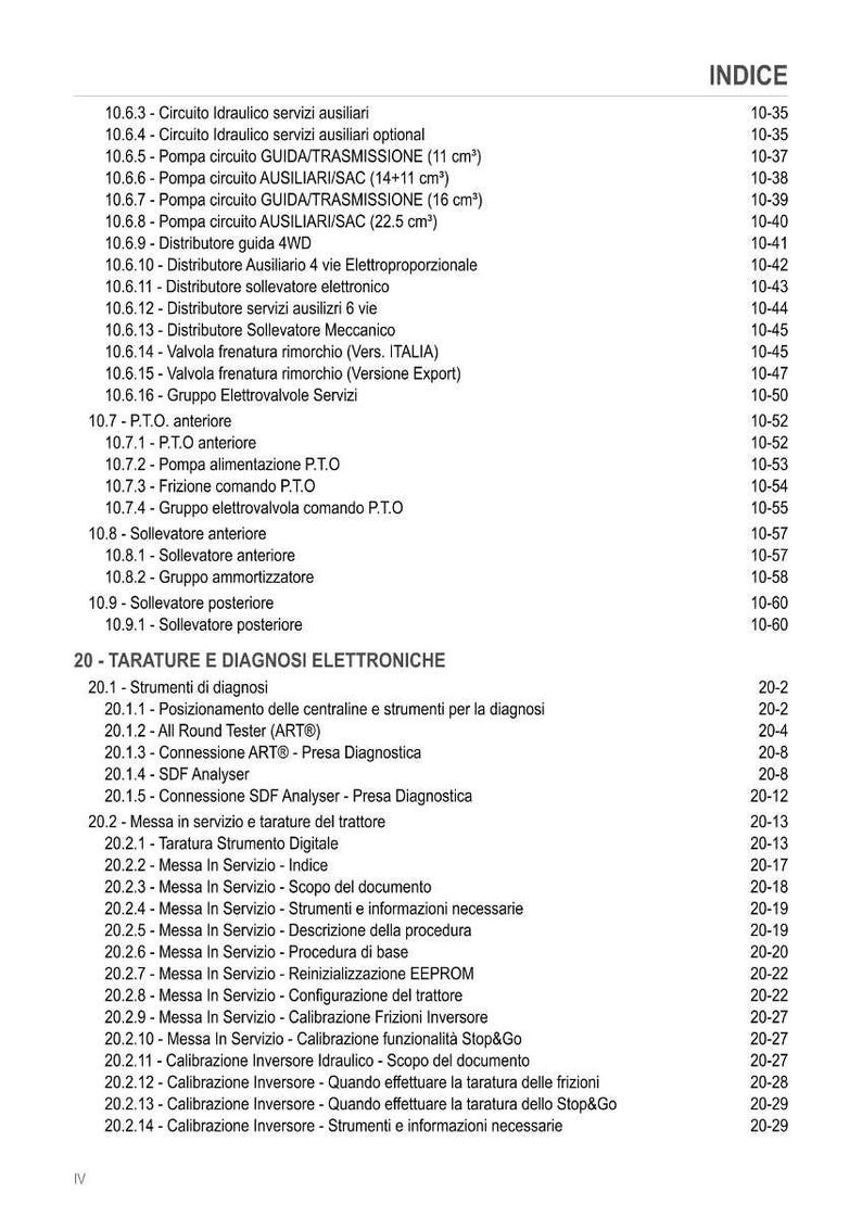 Pu&ograve; includere: Una pagina di manuale con un indice e un elenco di termini tecnici. L'indice include termini come "circuito idraulico", "diagnostica elettronica" e "calibrazione".
