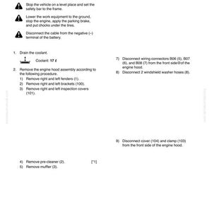 May include: A page from a vehicle repair manual detailing the removal and installation of an engine assembly. The text includes instructions, warnings, and diagrams for engine maintenance and disassembly.