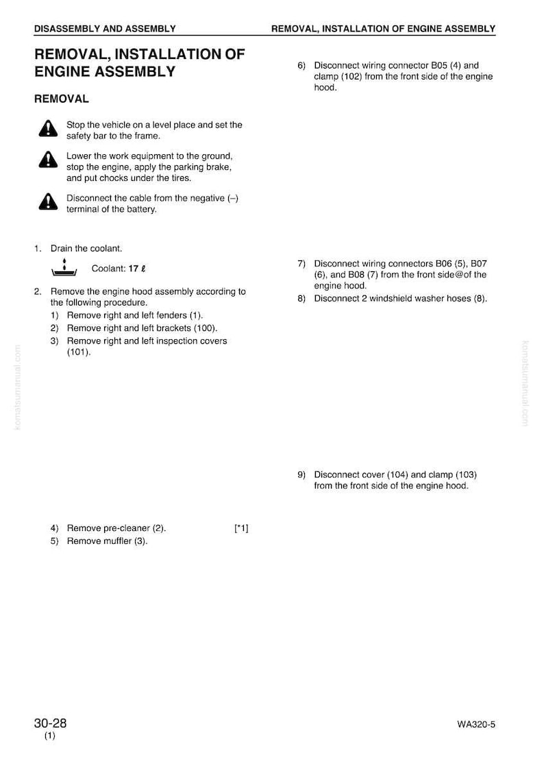 May include: A page from a vehicle repair manual detailing the removal and installation of an engine assembly. The text includes instructions, warnings, and diagrams for engine maintenance and disassembly.