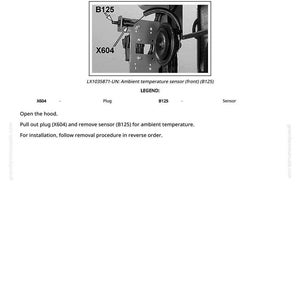 May include: Diagram illustrating the removal and installation of an ambient temperature sensor (B125). The image includes a close-up of the sensor, labeled X604 and B125, with accompanying text instructions. The text reads "Remove and Install Sensor for Ambient Temperature (at Front) (B125)".