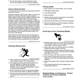Puede incluir: Una p&aacute;gina de manual de seguridad con texto e ilustraciones. Detalla los procedimientos de corte seguros, incluido c&oacute;mo estacionar de forma segura, evitar lesiones por cuchillas y proteger a los ni&ntilde;os. El manual tambi&eacute;n proporciona advertencias sobre peligros potenciales.
