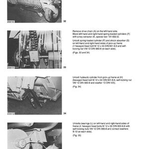 May include: Detailed diagram of a Quadrant 1200 agricultural machine's pick-up and lower feeder components. Includes close-ups of chains, cylinders, and bolts, with measurements in millimeters.