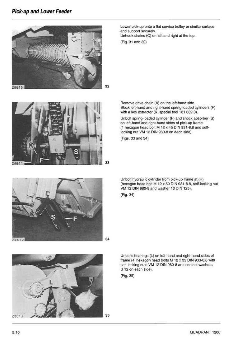 May include: Detailed diagram of a Quadrant 1200 agricultural machine's pick-up and lower feeder components. Includes close-ups of chains, cylinders, and bolts, with measurements in millimeters.