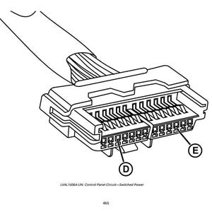 May include: Black and white illustration of a control panel circuit connector. The connector has multiple pins and is labeled with the letters "D" and "E". The text "LVAL 16064-UN: Control Panel Circuit-Switched Power" is below the connector.