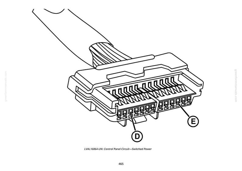 May include: Black and white illustration of a control panel circuit connector. The connector has multiple pins and is labeled with the letters "D" and "E". The text "LVAL 16064-UN: Control Panel Circuit-Switched Power" is below the connector.