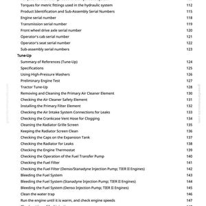 Puede incluir: P&aacute;gina de un manual con una tabla de contenidos. El texto incluye temas como n&uacute;meros de serie del motor, procedimientos de puesta a punto y mantenimiento del sistema de combustible. N&uacute;mero de p&aacute;gina 4.