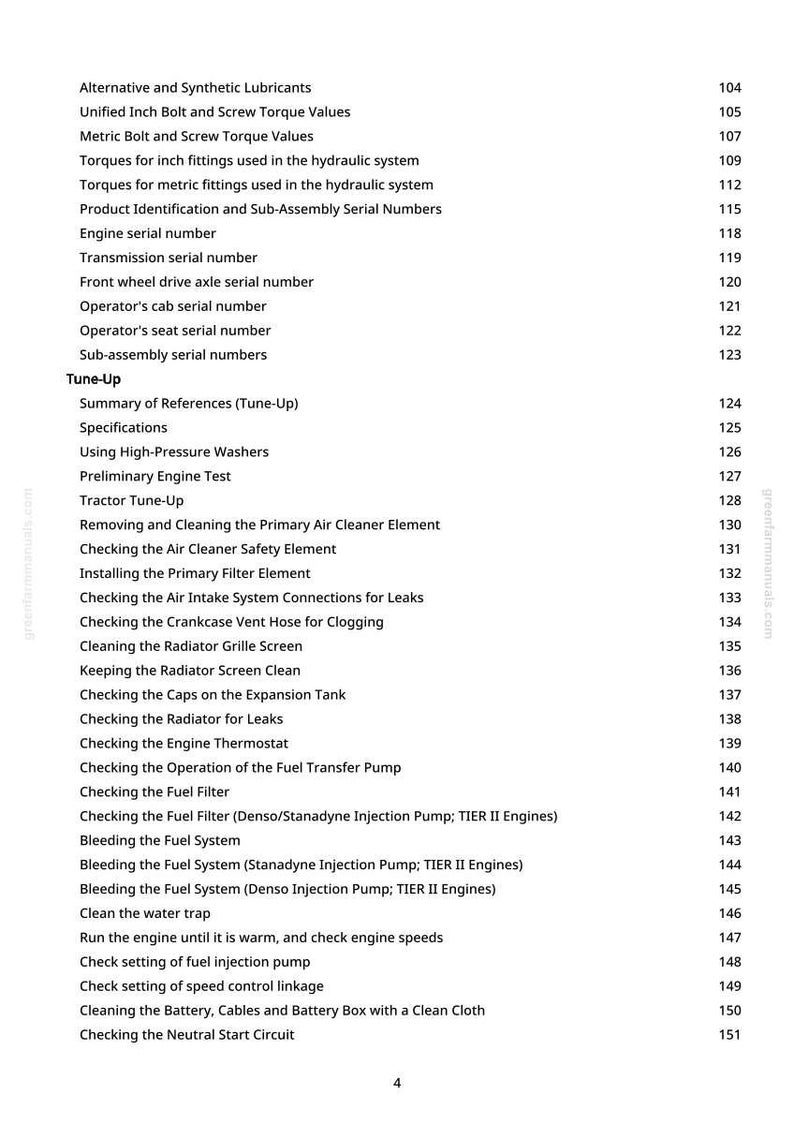 Puede incluir: P&aacute;gina de un manual con una tabla de contenidos. El texto incluye temas como n&uacute;meros de serie del motor, procedimientos de puesta a punto y mantenimiento del sistema de combustible. N&uacute;mero de p&aacute;gina 4.