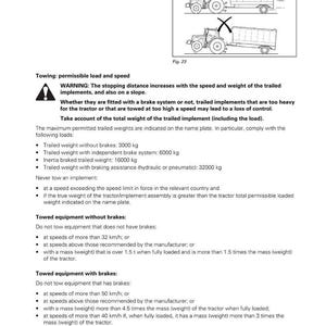 May include: Page from a manual with safety instructions for towing agricultural implements. Diagrams show correct and incorrect towing methods. Text details permissible loads, speeds, and braking requirements for safe operation. Includes warnings about slope and weight.