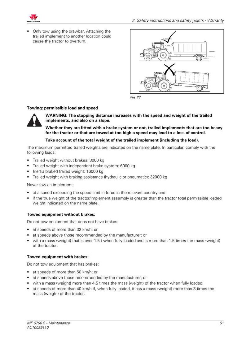 May include: Page from a manual with safety instructions for towing agricultural implements. Diagrams show correct and incorrect towing methods. Text details permissible loads, speeds, and braking requirements for safe operation. Includes warnings about slope and weight.