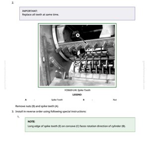 May include: Diagram illustrating the removal and installation of spike teeth. The image includes close-up views of the teeth, labeled with letters, and instructions. Text includes "Remove and Install Spike Teeth" and "Replace all teeth at same time."