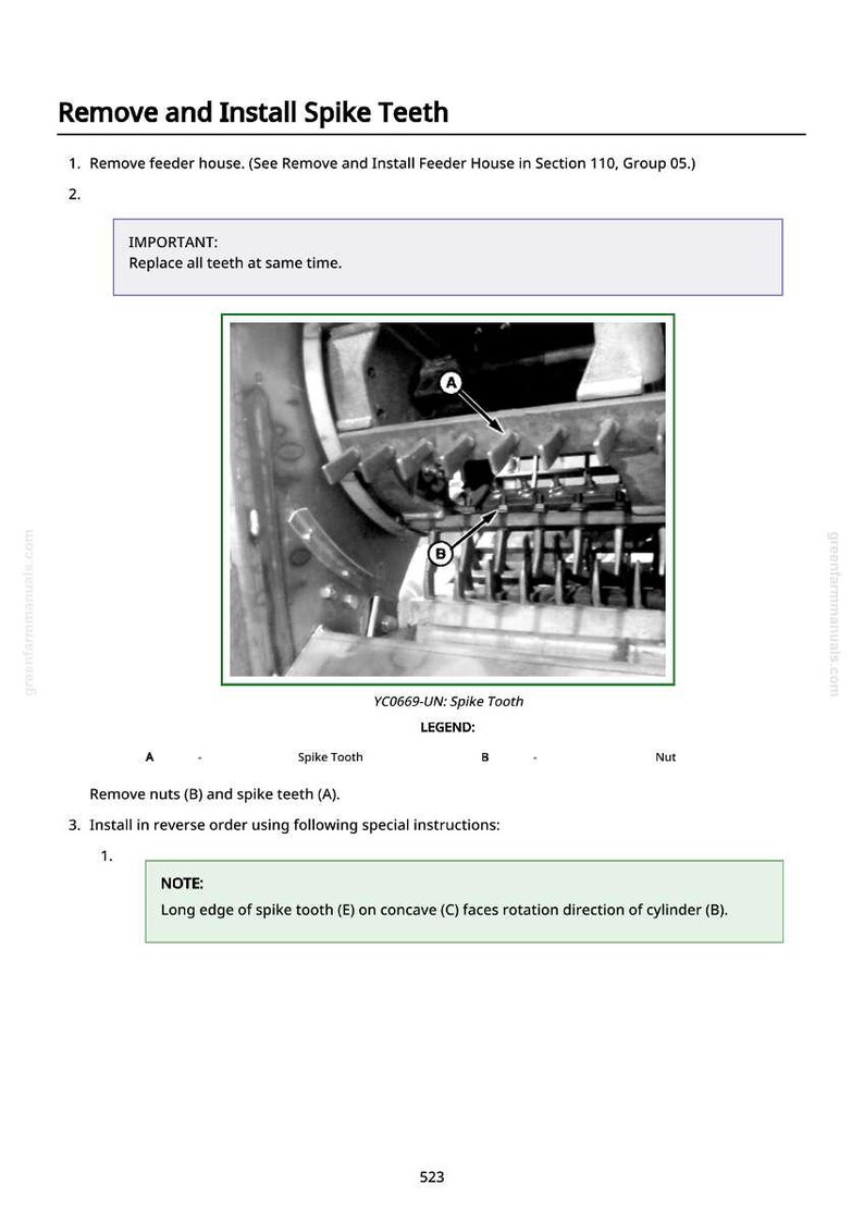 May include: Diagram illustrating the removal and installation of spike teeth. The image includes close-up views of the teeth, labeled with letters, and instructions. Text includes "Remove and Install Spike Teeth" and "Replace all teeth at same time."