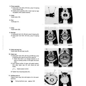 May include: A technical manual page detailing swing machinery assembly. The page includes diagrams of components like pinion assemblies, collars, gears, and bearings. Instructions are provided for each step, including measurements in millimeters and the use of tools.