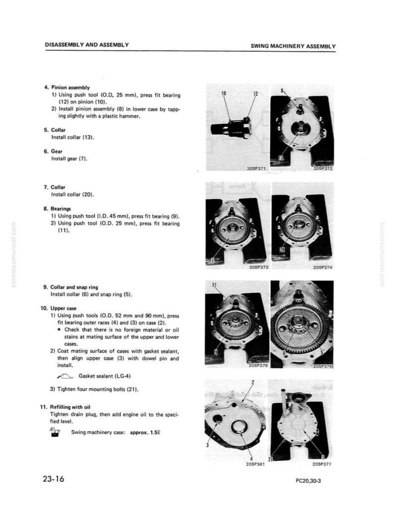 May include: A technical manual page detailing swing machinery assembly. The page includes diagrams of components like pinion assemblies, collars, gears, and bearings. Instructions are provided for each step, including measurements in millimeters and the use of tools.