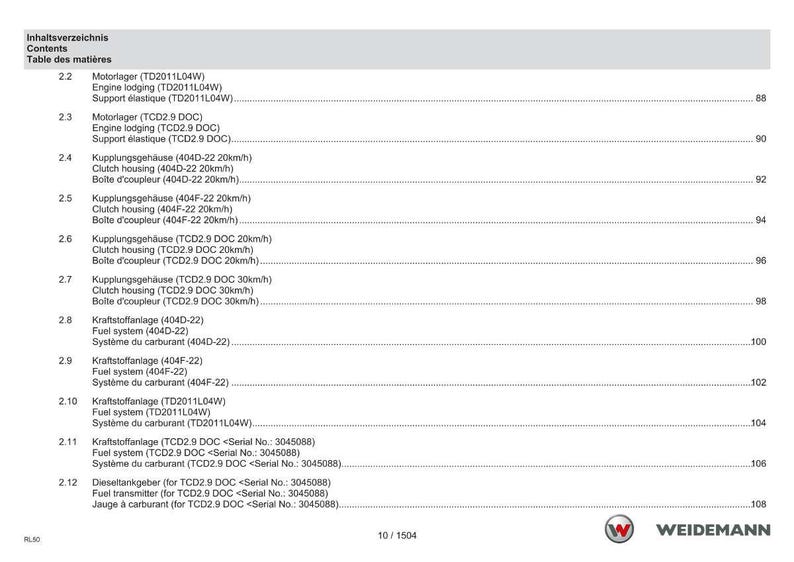 May include: A page from a manual with the title "Inhaltsverzeichnis Contents Table des mati&egrave;res". The page lists various engine and fuel system components, including Kupplungsgeh&auml;use and Fuel system, with corresponding page numbers.
