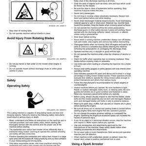 K&ouml;nnte beinhalten: Eine Seite aus einem Rasenm&auml;her-Sicherheitsmanual mit Gefahrenhinweisen und Betriebsanweisungen. Enth&auml;lt Diagramme, die Gefahren wie sich bewegende Riemen und rotierende Messer veranschaulichen. Der Text warnt vor schweren Verletzungen oder Tod.
