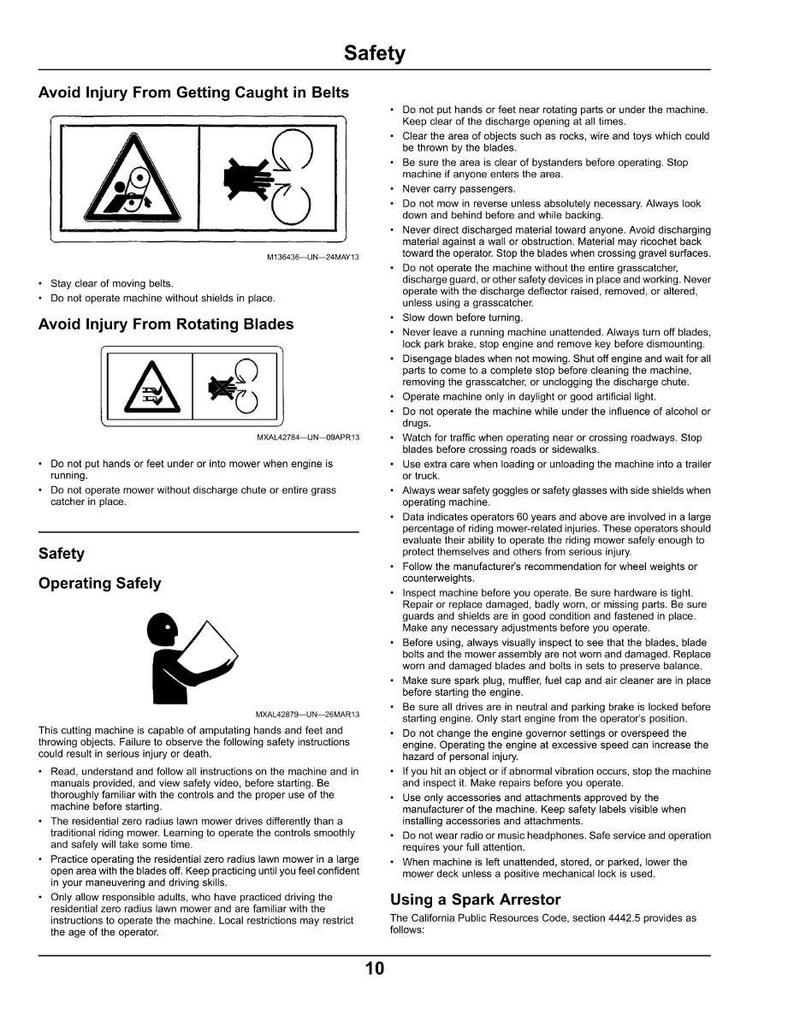 K&ouml;nnte beinhalten: Eine Seite aus einem Rasenm&auml;her-Sicherheitsmanual mit Gefahrenhinweisen und Betriebsanweisungen. Enth&auml;lt Diagramme, die Gefahren wie sich bewegende Riemen und rotierende Messer veranschaulichen. Der Text warnt vor schweren Verletzungen oder Tod.