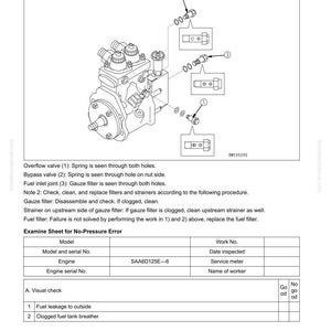 K&ouml;nnte beinhalten: Diagramm einer Motorkomponente mit Beschriftungen f&uuml;r &Uuml;berlaufventil, Bypassventil und Kraftstoffeinlassanschluss. Enth&auml;lt eine Tabelle zur Untersuchung von Druckfehlern. Text mit Fehlerbehebungsschritten.