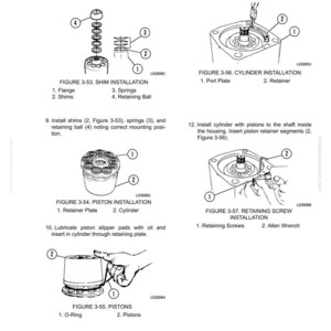 May include: Diagrams illustrating hydraulic component repair, including shim, piston, and cylinder installation. The images show labeled parts like O-rings, retainers, and springs, with accompanying text instructions. The diagrams are from a hydraulic component repair manual.