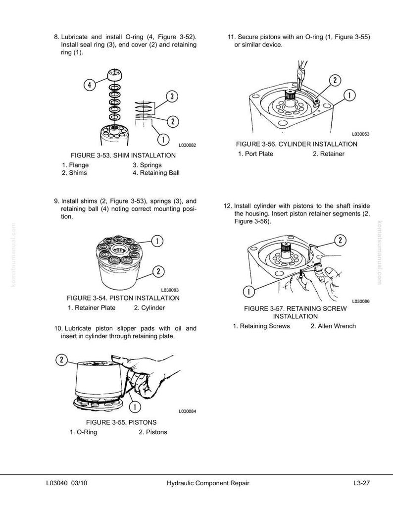 May include: Diagrams illustrating hydraulic component repair, including shim, piston, and cylinder installation. The images show labeled parts like O-rings, retainers, and springs, with accompanying text instructions. The diagrams are from a hydraulic component repair manual.