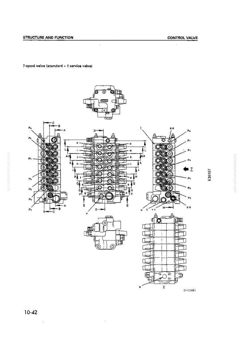 May include: Diagram of a 7-spool control valve, labeled "Structure and Function." The image includes multiple views of the valve, with detailed diagrams and labels. The text "CONTROL VALVE" is at the top.