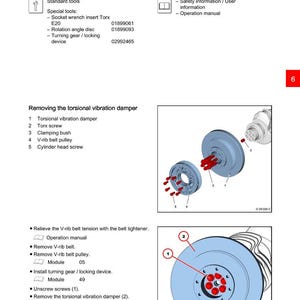 Pode incluir: Diagrama de um amortecedor de vibra&ccedil;&otilde;es torsionais com instru&ccedil;&otilde;es e componentes rotulados. Inclui imagens de pe&ccedil;as como parafusos Torx e polia de correia em V. O texto detalha ferramentas e etapas.