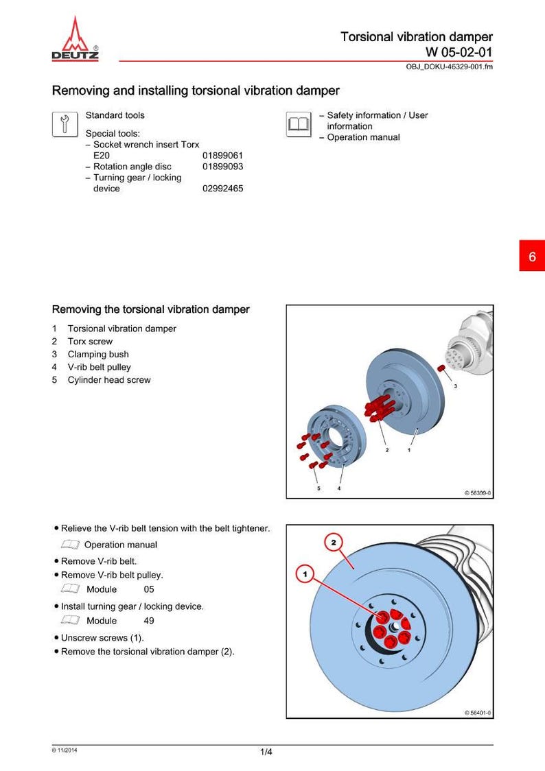Pode incluir: Diagrama de um amortecedor de vibra&ccedil;&otilde;es torsionais com instru&ccedil;&otilde;es e componentes rotulados. Inclui imagens de pe&ccedil;as como parafusos Torx e polia de correia em V. O texto detalha ferramentas e etapas.