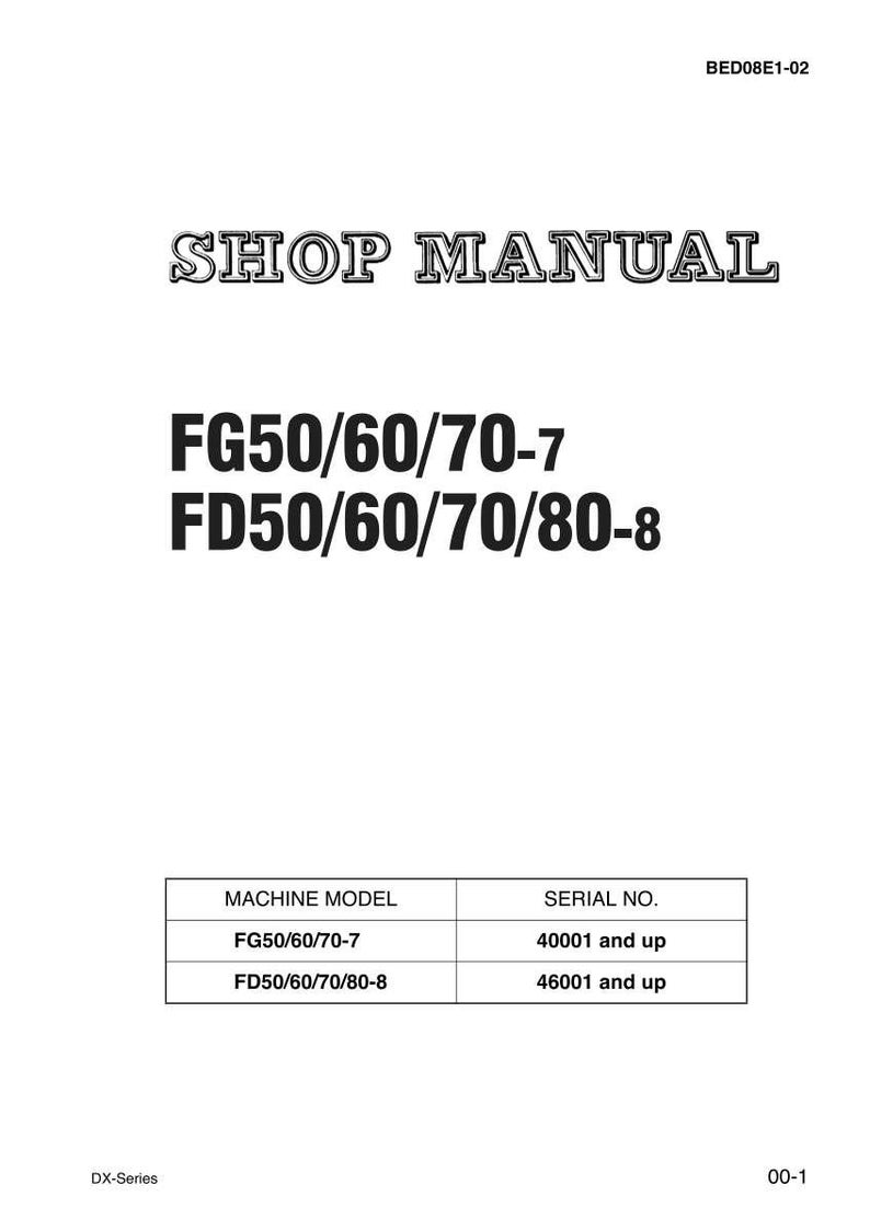 Pu&ograve; includere: Un manuale di officina bianco con testo nero. Il titolo "SHOP MANUAL" &egrave; in alto. Sotto ci sono i numeri di modello FG50/60/70-7 e FD50/60/70/80-8. Una tabella elenca i modelli di macchine e i numeri di serie.