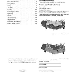 May include: A page from a manual with the title "Contents" and sections on product identification, safety, and assembly. Includes diagrams of mower decks and spaces to record purchase details. Copyright 2014 Deere & Company.