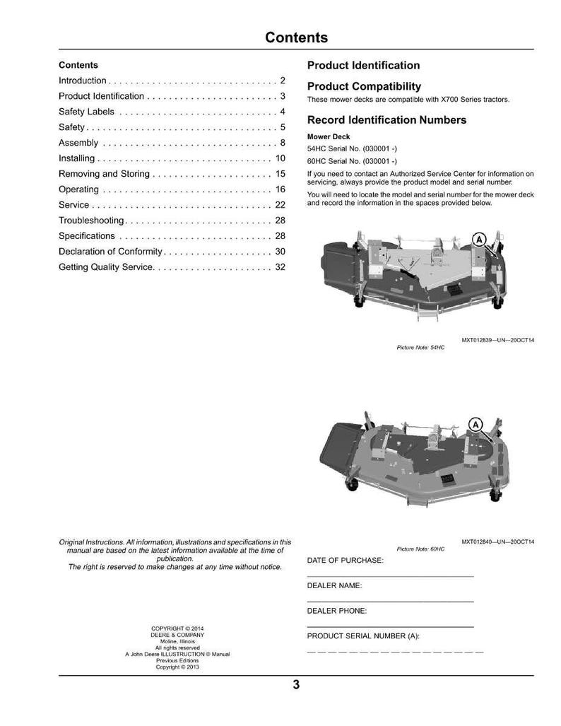 May include: A page from a manual with the title "Contents" and sections on product identification, safety, and assembly. Includes diagrams of mower decks and spaces to record purchase details. Copyright 2014 Deere & Company.
