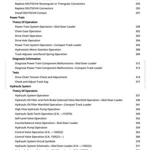 May include: A detailed table of contents from a manual, featuring various sections like Power Train, Diagnostic Information, and Hydraulic System. The text includes specific operations and component names, with page numbers listed on the right.
