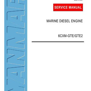 May include: A white document with the text "SERVICE MANUAL" in a red rectangle. Below, it reads "MARINE DIESEL ENGINE" and "6CXM-GTE/GTE2". A blue vertical rectangle on the left side has the word "YANMAR" in white.