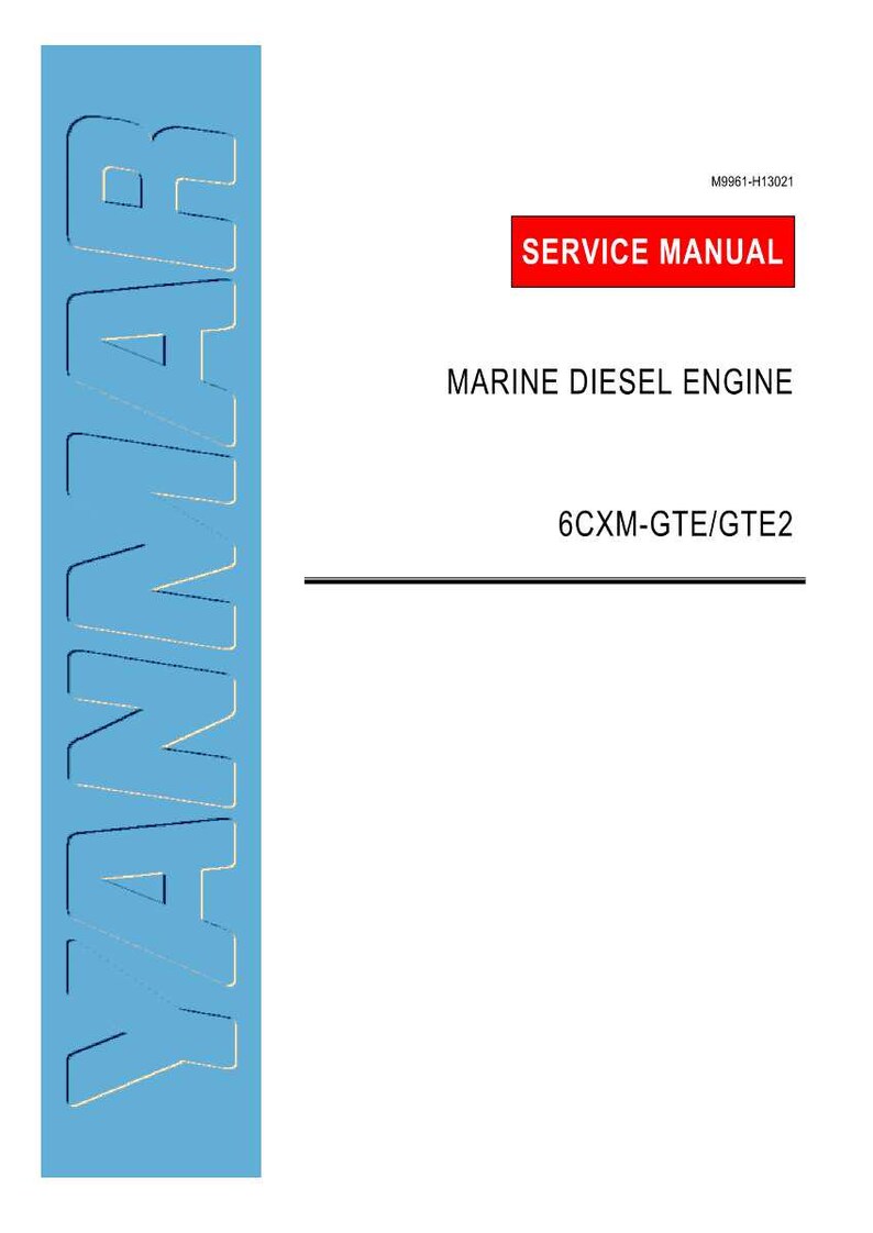 May include: A white document with the text "SERVICE MANUAL" in a red rectangle. Below, it reads "MARINE DIESEL ENGINE" and "6CXM-GTE/GTE2". A blue vertical rectangle on the left side has the word "YANMAR" in white.
