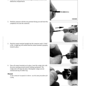 Puede incluir: Diagrama t&eacute;cnico en blanco y negro que ilustra la inserci&oacute;n de un terminal de contacto (tipo DT). Los pasos incluyen agarrar el terminal, insertar el cable, empujar el terminal e insertar el bloqueo de cu&ntilde;a. El texto incluye "Desmontaje y montaje" y "Procedimientos de reparaci&oacute;n de conectores".