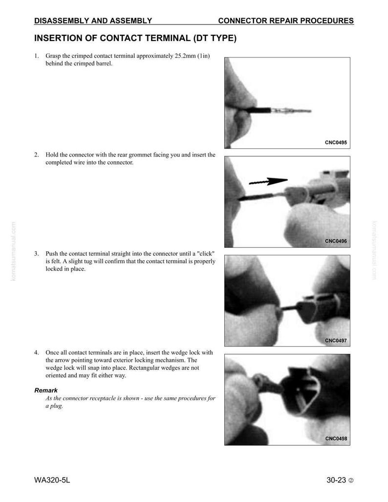 Puede incluir: Diagrama t&eacute;cnico en blanco y negro que ilustra la inserci&oacute;n de un terminal de contacto (tipo DT). Los pasos incluyen agarrar el terminal, insertar el cable, empujar el terminal e insertar el bloqueo de cu&ntilde;a. El texto incluye "Desmontaje y montaje" y "Procedimientos de reparaci&oacute;n de conectores".