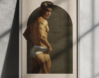 Hot Gay Wall Art/Gay Art Print/Vintage Male Pinup Poster/Gay Bedroom Decor/Cheeky Underwear Print/Sexy Retro Twink Giclée Poster