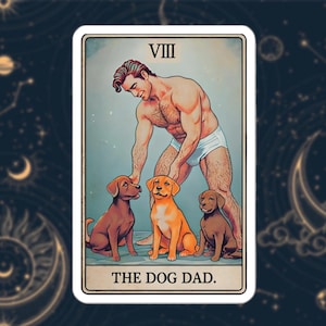 Pegatina de papá perro/Pegatina de vinilo de papá perro gay con carta del tarot/Regalo para amantes de las mascotas queer/Músculo gay retro/Regalo para amantes de los perros/Pegatina del orgullo gay/Arte del tarot gay