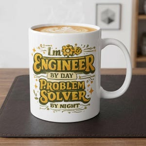 Op de afbeelding: Een witte keramische mok gevuld met koffie met latte art. De mok toont de tekst I'm ENGINEER BY DAY PROBLEM SOLVER BY NIGHT in vetgedrukte gele en donkergroene letters, geaccentueerd met kleine gele ster- en bloemillustraties.
