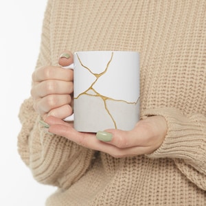 Kintsugi Inspired Mug | Japanese Wabi Sabi Coffee Cup | Gold Crack Printed Design | Minimalist Japanese Mug | Zen Gift