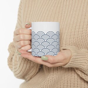 Japanese Seigaiha Mug | Japandi Coffee Mug | Minimalist Blue Wave Ceramic Cup | Zen Home Decor | Wabi Sabi Gift | Japanese Pattern Mug