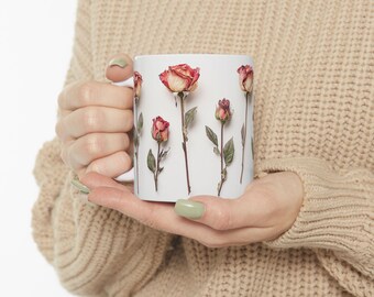Watercolor Rose Petal Coffee Mug, Romantic Floral Illustration, 11oz