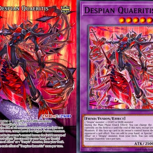 Może przedstawiać: Karta kolekcjonerska z szczegółową ilustracją czerwono-czarnego potwora, zatytułowana "Despian Quaeritis". Karta ma fioletową obwódkę i ogniste tło, z wyszczególnionymi statystykami i efektami karty.