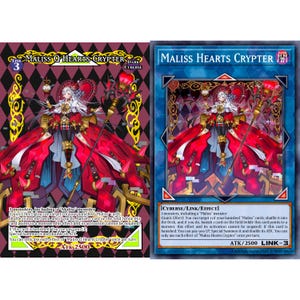Puede incluir: Dos cartas coleccionables con el personaje "Maliss Hearts Crypter". Las cartas tienen una combinación de colores rojo, blanco y negro con ilustraciones detalladas de una figura femenina. Las cartas incluyen texto que describe las habilidades y estadísticas de la carta, con un ATK de 2500.