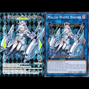 May include: Two trading cards featuring the character "Maliss White Binder". The cards have a blue and white color scheme, with a female anime-style character wielding swords. The cards have text and a 2300 ATK rating.