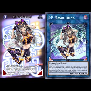 May include: Two trading cards featuring the character I:P Masquerena. The character is depicted in a black and gold outfit with purple accents. The cards have a blue and purple background with text that describes the card's effects and stats.