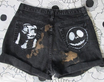 Jack & Sally Nightmare Before Christmas Destroyed Denim Shorts