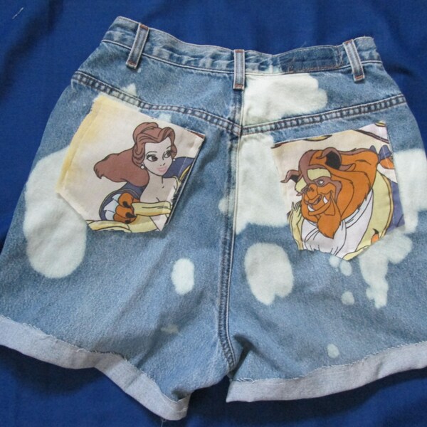 Vintage Beauty & The Beast Acid Wash Destroyed Denim Shorts