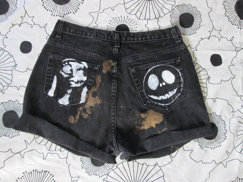 Jack & Sally Nightmare Before Christmas Destroyed Denim Shorts image 1