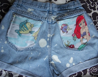 Vintage Little Mermaid Ariel Disney Destroyed 90s Acid Wash Denim Jean Shorts