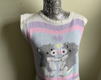 Vintage 70s Pastel Bear Knit Crop Top Sweater Tank Top